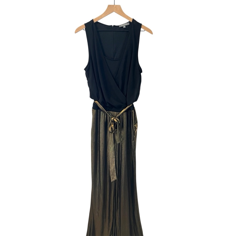 NY Collection Black & Metallic Gold Layered Blouson Belted Wide Leg Jumpsuit M
